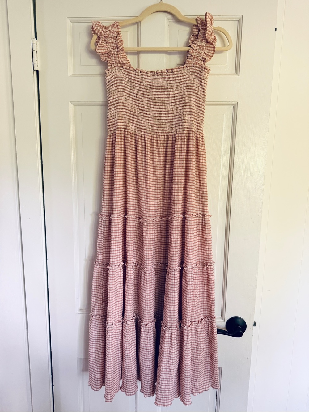 Women’s pink Gingham Tiered nap dress with Ruffle Straps